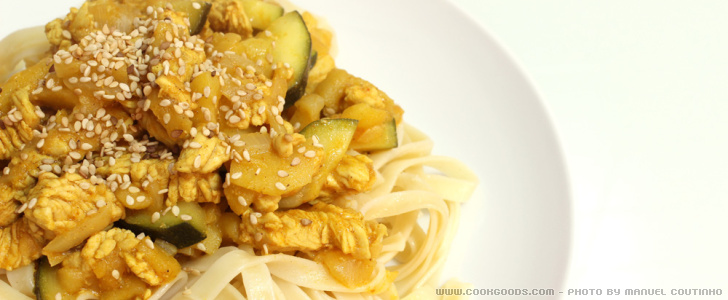 Turkey and Zucchini Curry with Fettuccine and Sesame Seeds